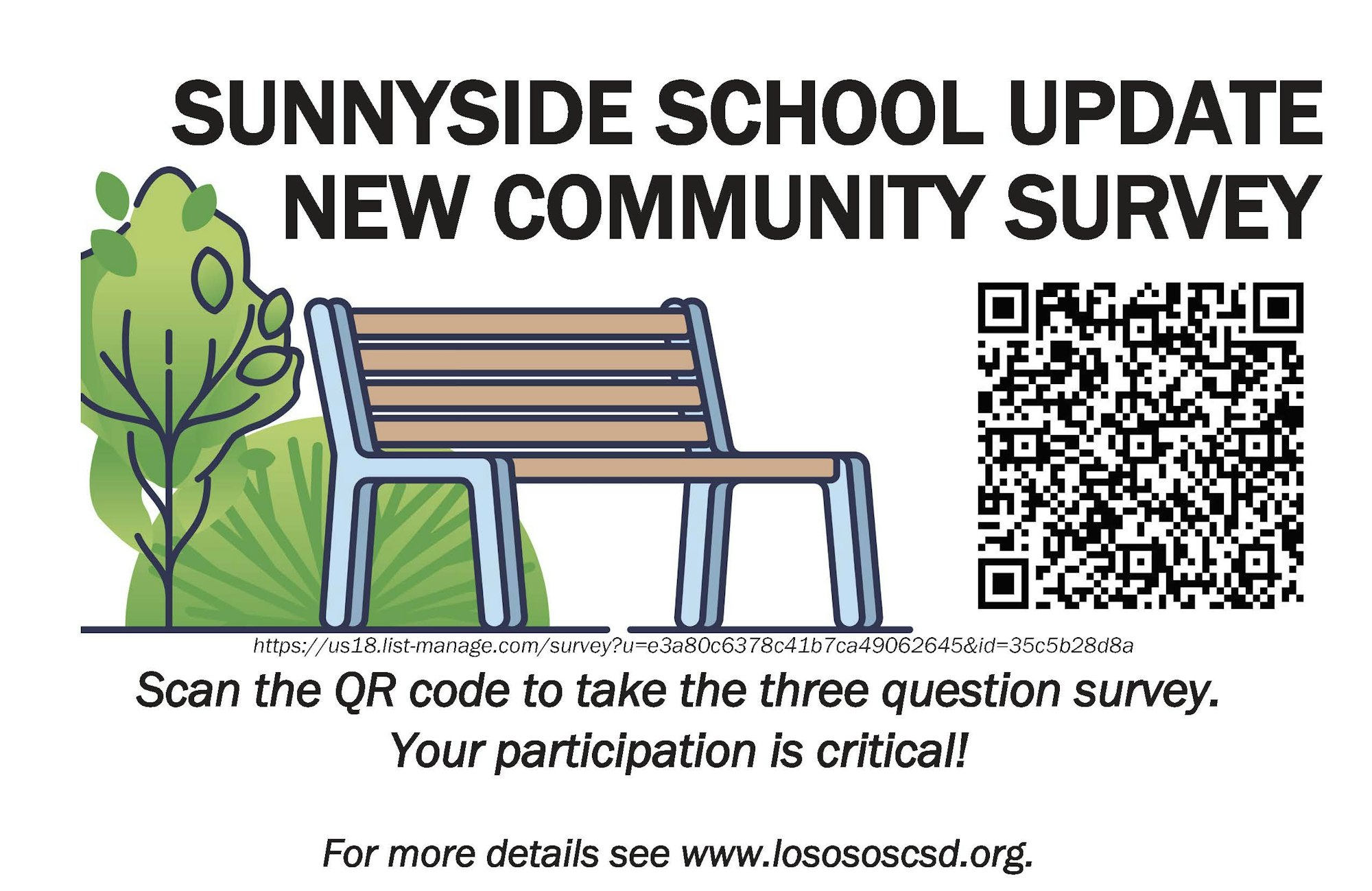 Sunnyside School Update with a community survey invitation, a QR code, and a website link for more details. https://us18.list-manage.com/survey?u=e3a80c6378c41b7ca49062645&id=35c5b28d8a