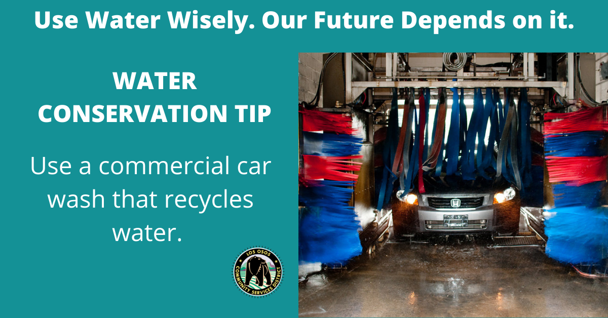 The image promotes water conservation, suggesting the use of commercial car washes that recycle water.