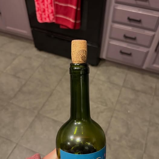 A hand holding a wine bottle with a cork, set in a kitchen with a stove and some towels in the background.