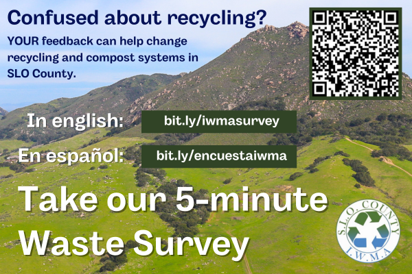 Advertisement for a 5-minute waste survey by SLO County with QR code and links in English and Spanish to participate.