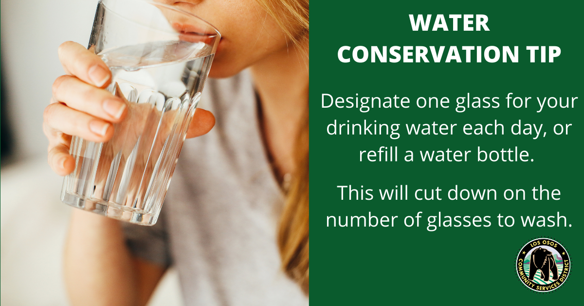 The image offers a water conservation tip: use one glass daily or refill a bottle to reduce dishwashing.