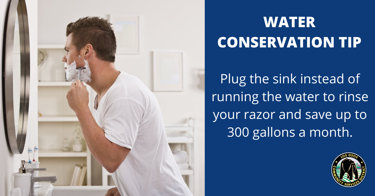 A man shaving with a tip on water conservation: plug the sink to save up to 300 gallons a month instead of running water.