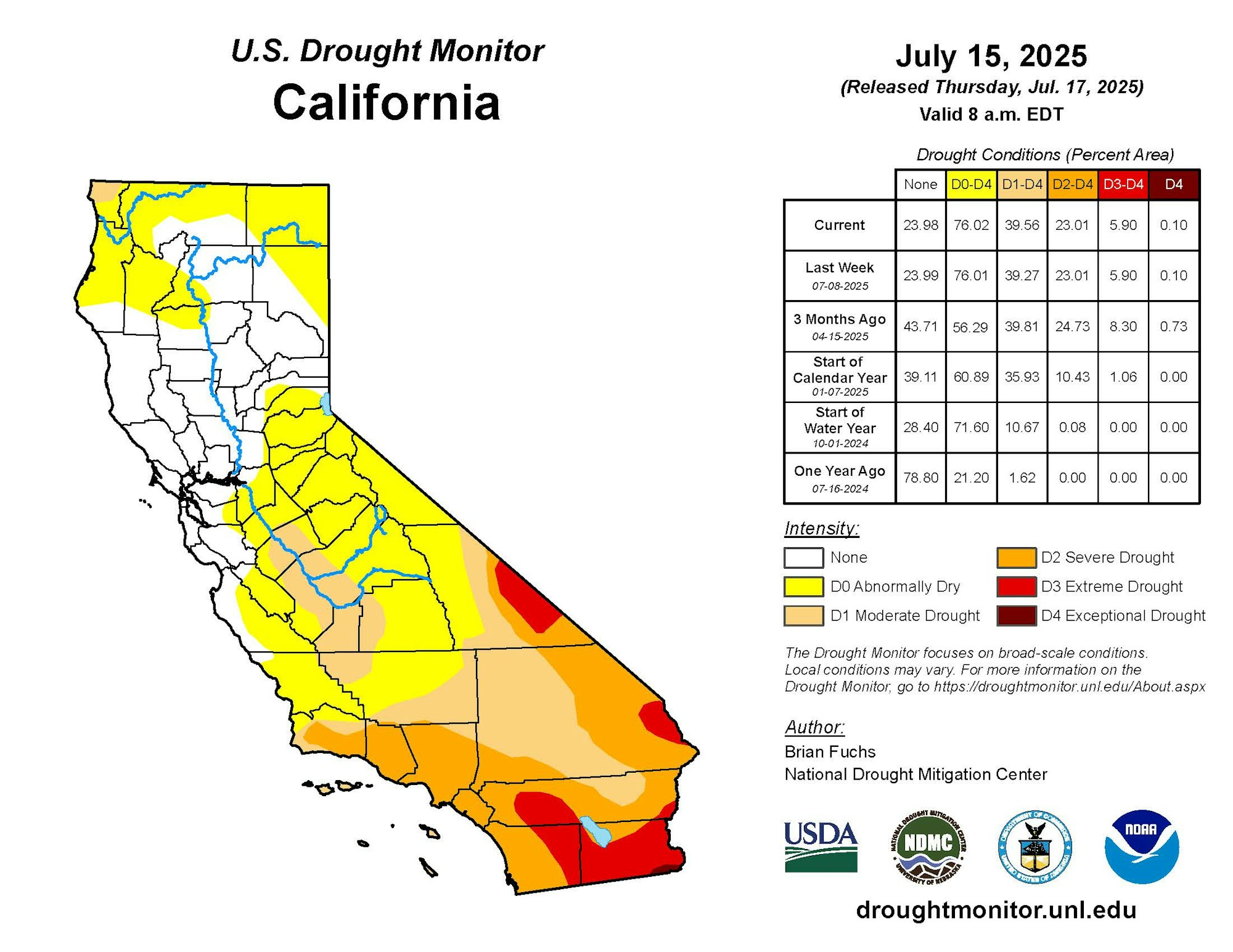 U.S. Drought Monitor for California on July 15, 2025; shows varying drought intensities across the state, ranging from none to exceptional.