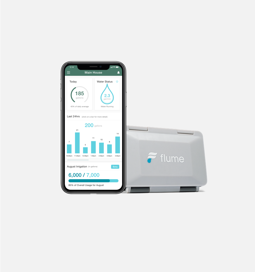 Picture of Flume App running on a smart phone and a Flume monitoring device