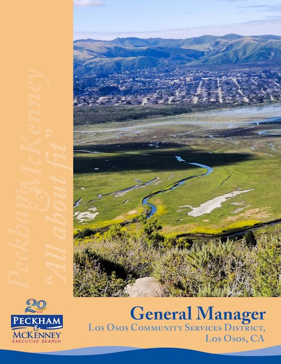 The image features a scenic view of Los Osos, CA, with text promoting a General Manager position for the local Community Services District.