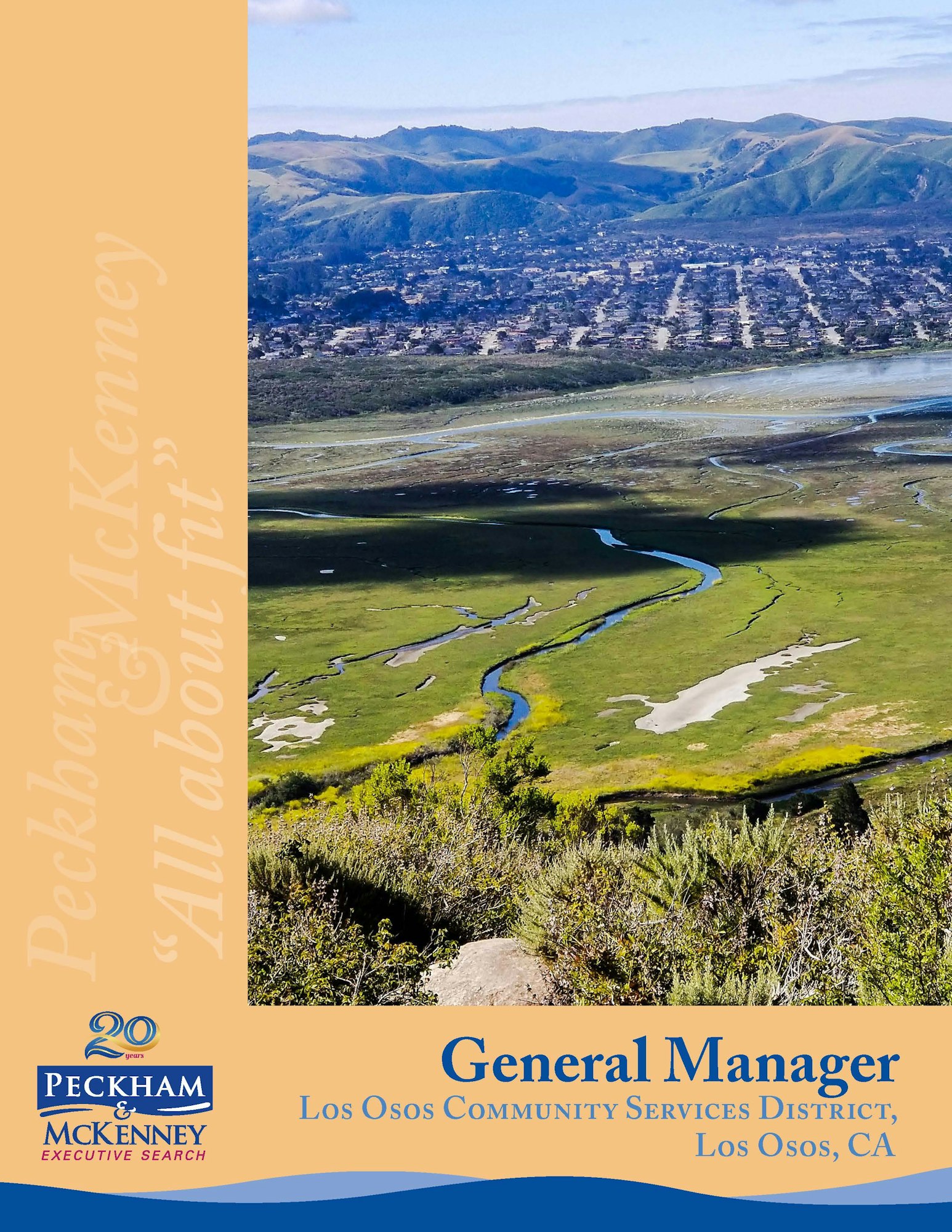 The image features a scenic view of Los Osos, CA, with text promoting a General Manager position for the local Community Services District.