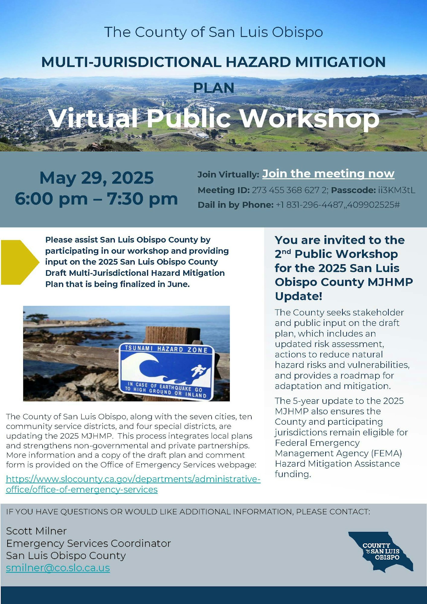 Virtual public workshop flyer for San Luis Obispo County's 2025 hazard mitigation plan on May 29, 2025, from 6 pm to 7:30 pm.