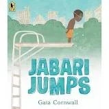Book cover: "Jabari Jumps" by Gaia Cornwall. A child stands on a diving board with a cityscape in the background.