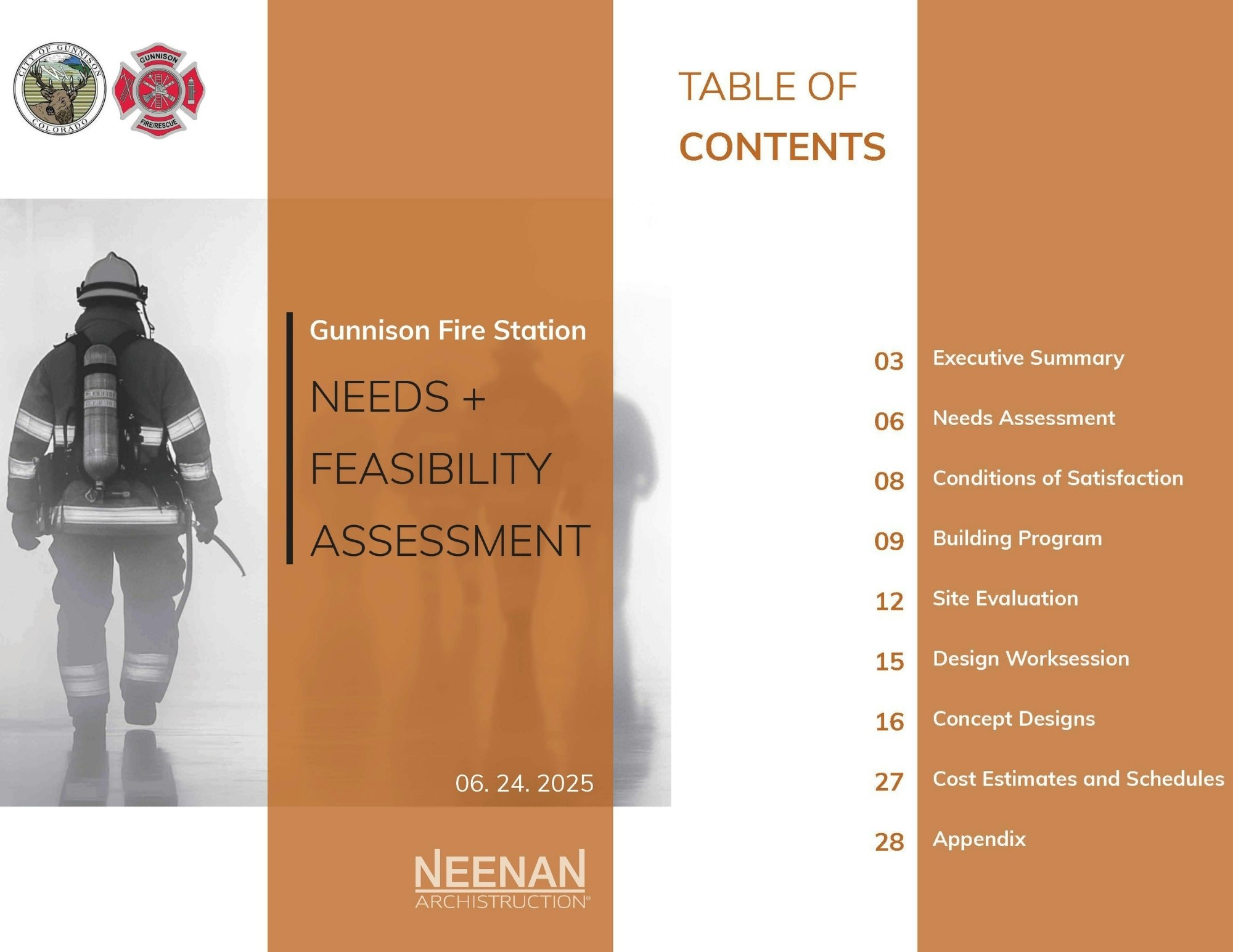 Gunnison Fire Station Needs + Feasibility Assessment cover with a table of contents for a report dated 06.24.2025 by Neenan Archistruction.