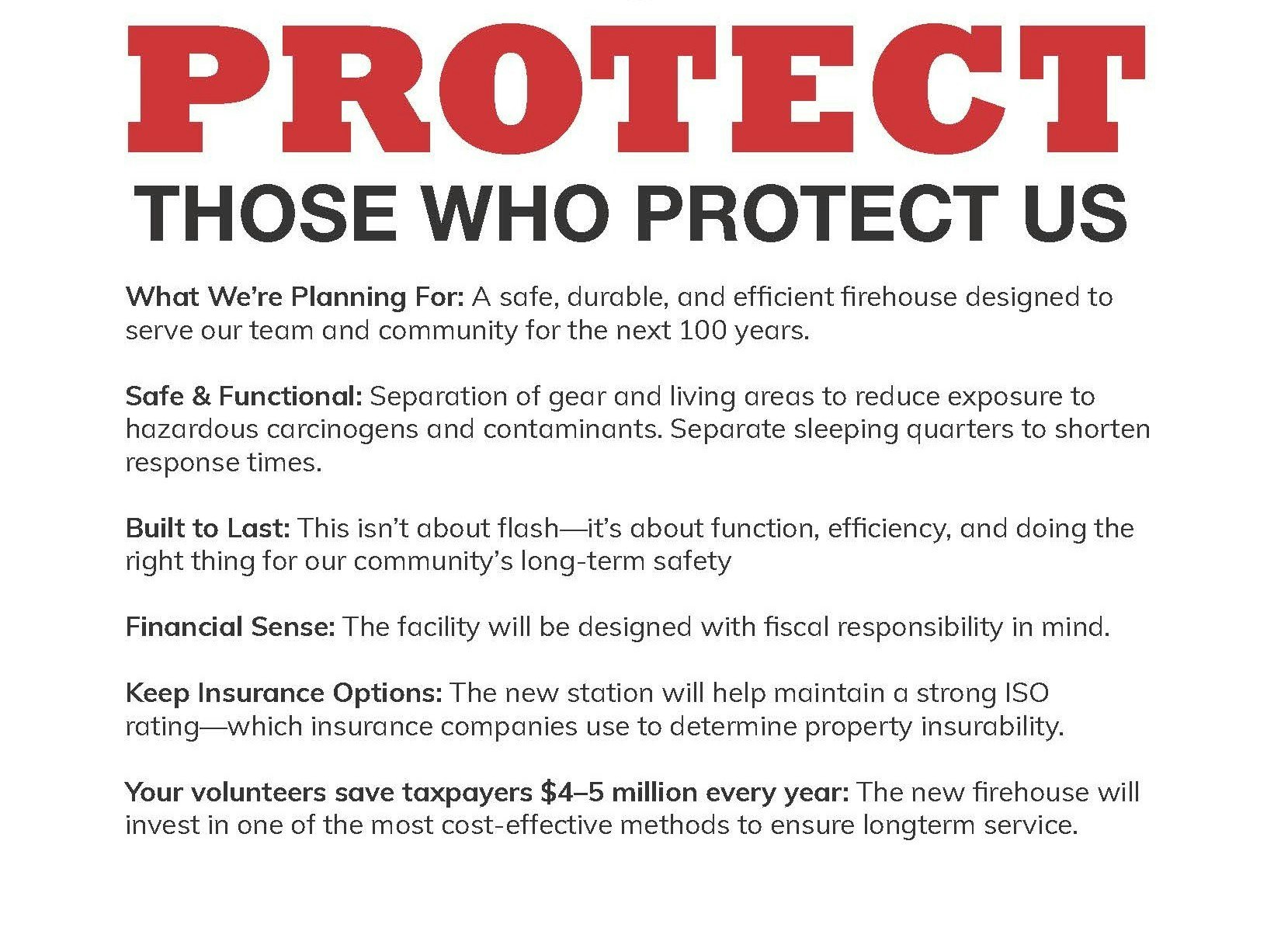 Firehouse plan: safe, durable, efficient, reduces risks, fiscally responsible, maintains insurance, saves taxpayers $4-5M yearly.