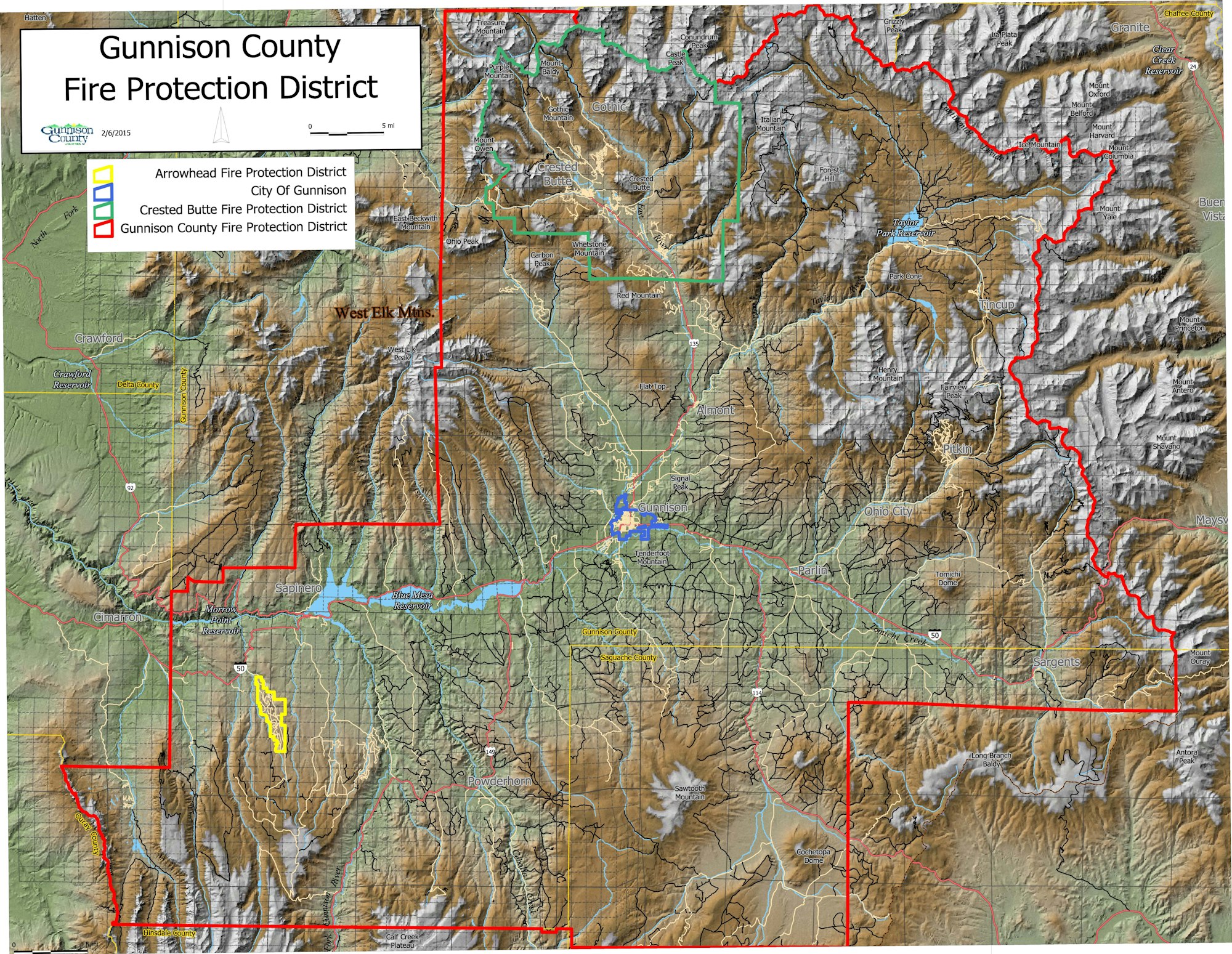 Topographic map of the Gunnison County Fire Protection District with colored boundaries showing jurisdictions and county lines.