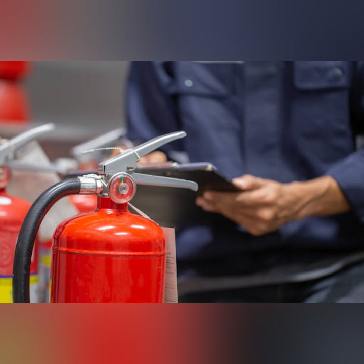 Picture of someone inspecting a fire extinguisher