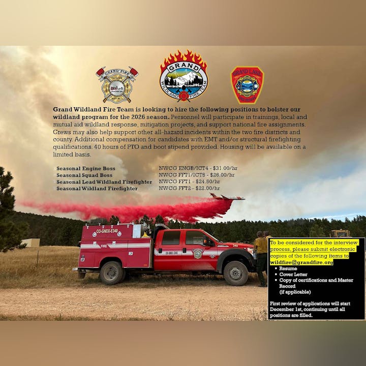 The Grand Wildland Fire Team seeks seasonal firefighters for 2026, offering various positions and competitive pay. Apply via email.
