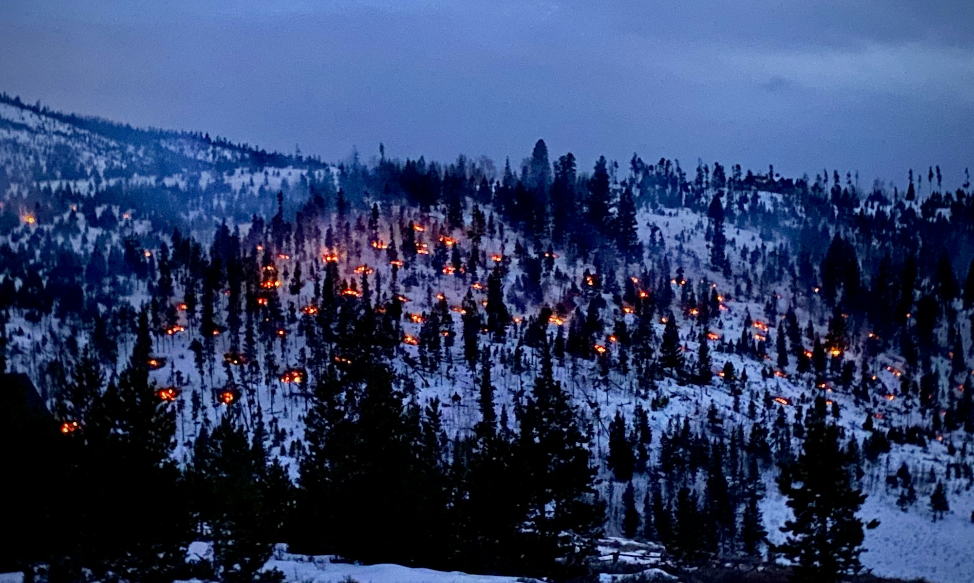Snowy forested hillside with small fires scattered throughout the area.