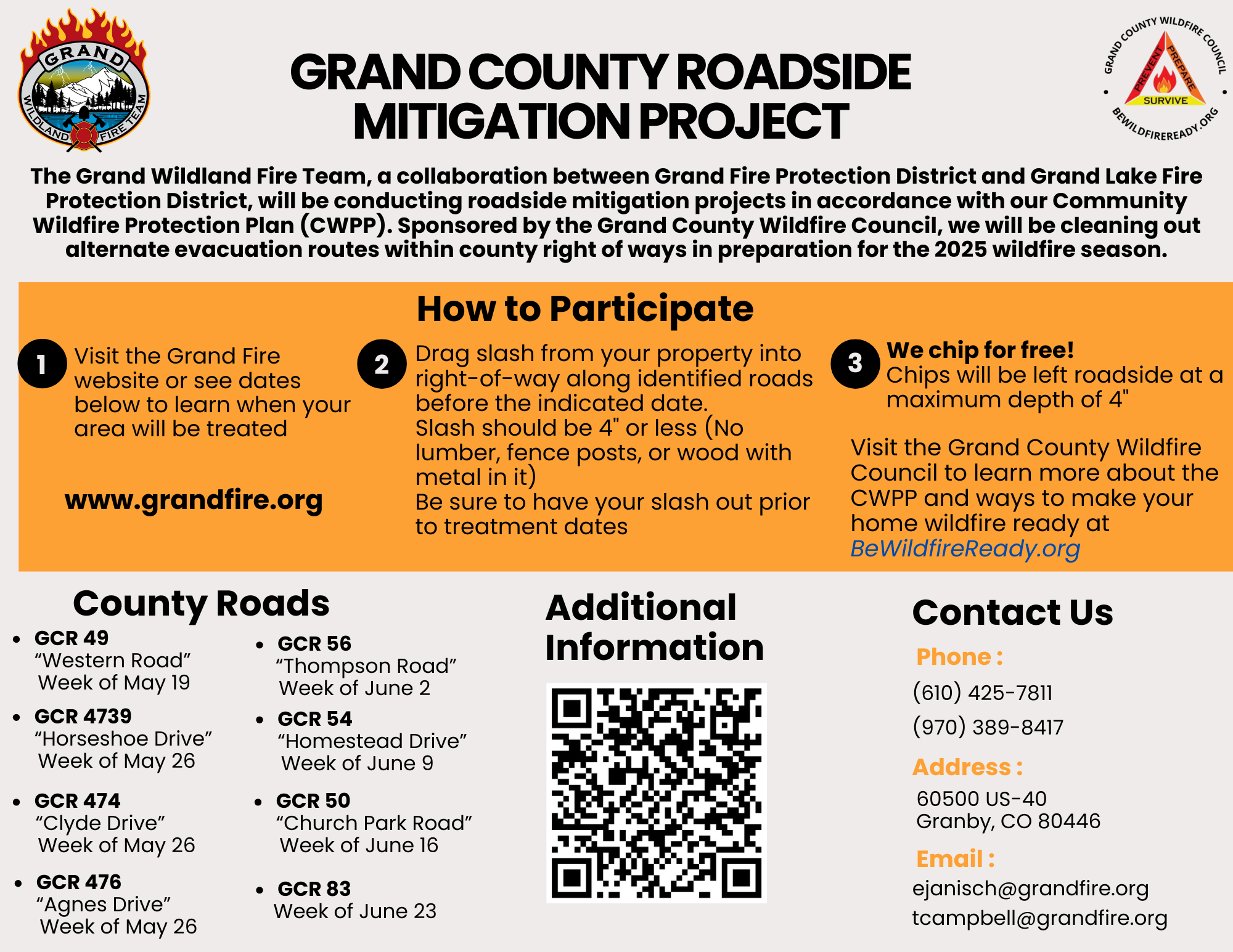 Flyer for Grand County Roadside Mitigation Project to clear evacuation routes. Includes participation steps, roads, and contact details.