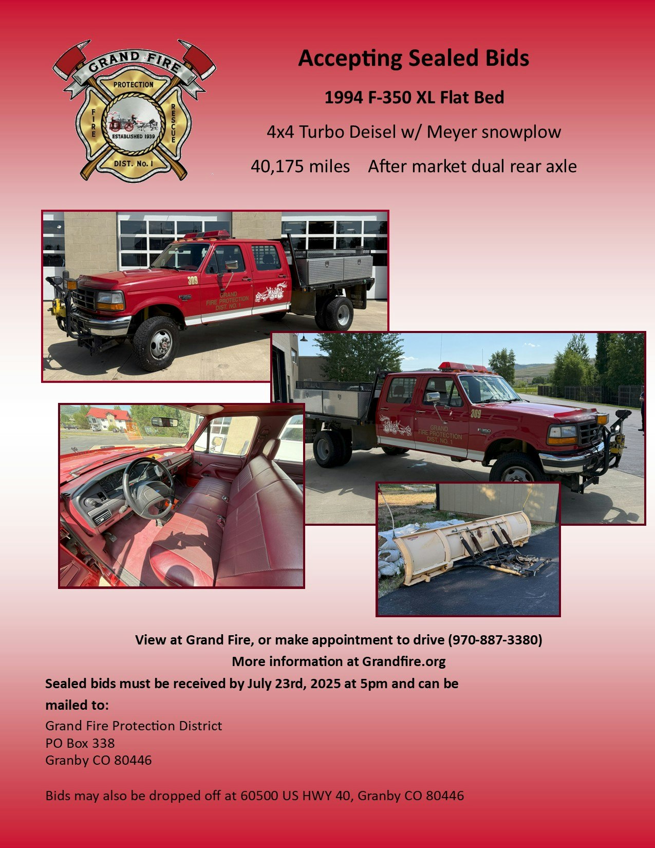 Ad for sealed bids on a 1994 F-350 XL with snowplow, 40,175 miles, by Grand Fire Protection District. Bids due July 23, 2025.