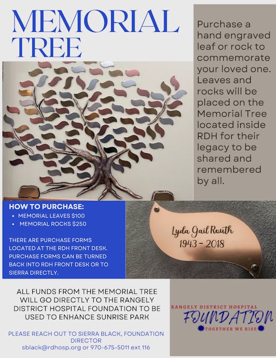 Memorial Tree: Purchase engraved leaves or rocks to commemorate loved ones at RDH; funds benefit Sunrise Park. Contact info included.