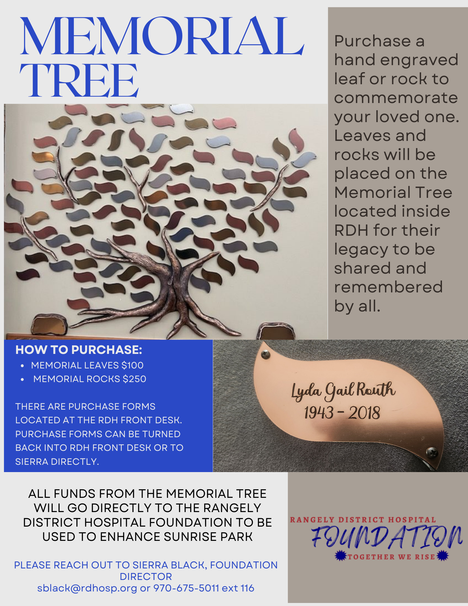 Memorial Tree: Purchase engraved leaves or rocks to commemorate loved ones at RDH; funds benefit Sunrise Park. Contact info included.