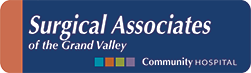 A logo for Surgical Associates of the Grand Valley, affiliated with Community Hospital.