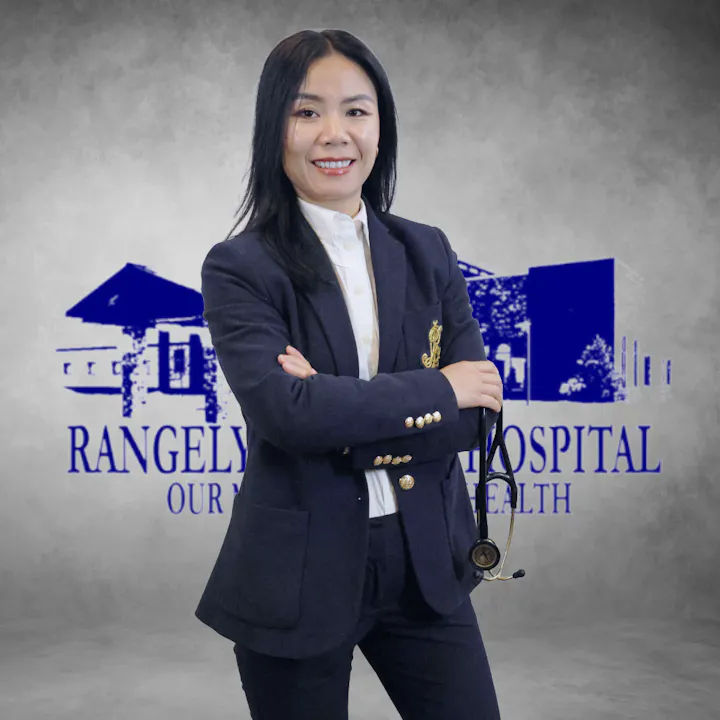 A woman in a blazer stands confidently with a stethoscope, against a backdrop featuring "Rangely Hospital."
