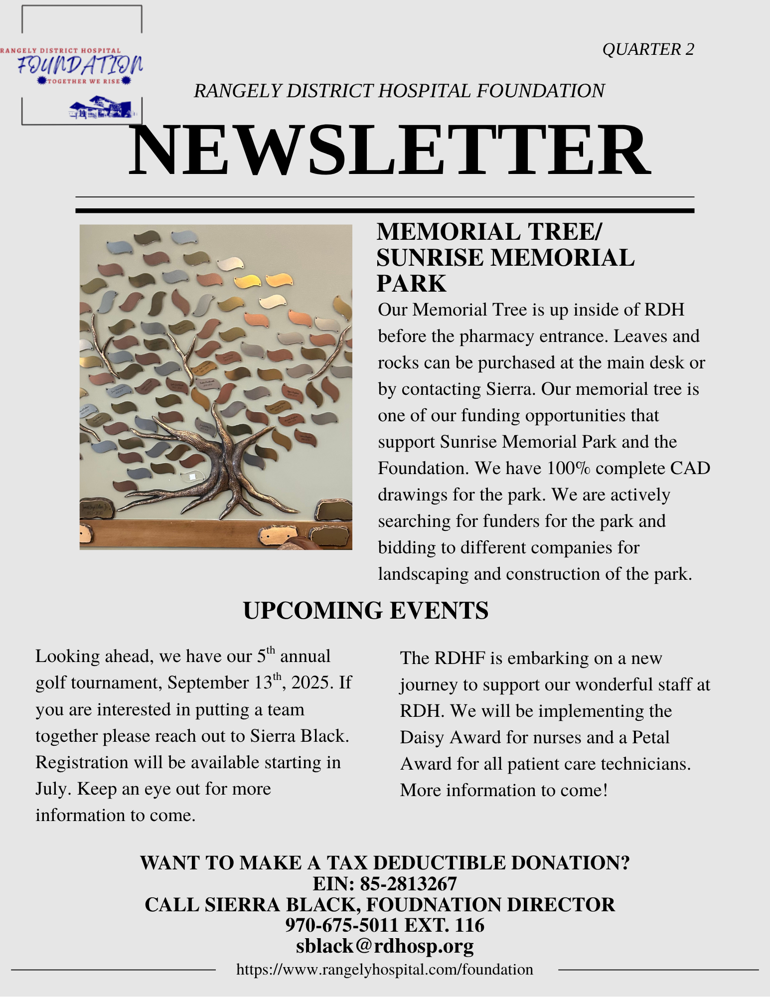 Rangely District Hospital Foundation newsletter with info on a memorial park, events, and donation details.