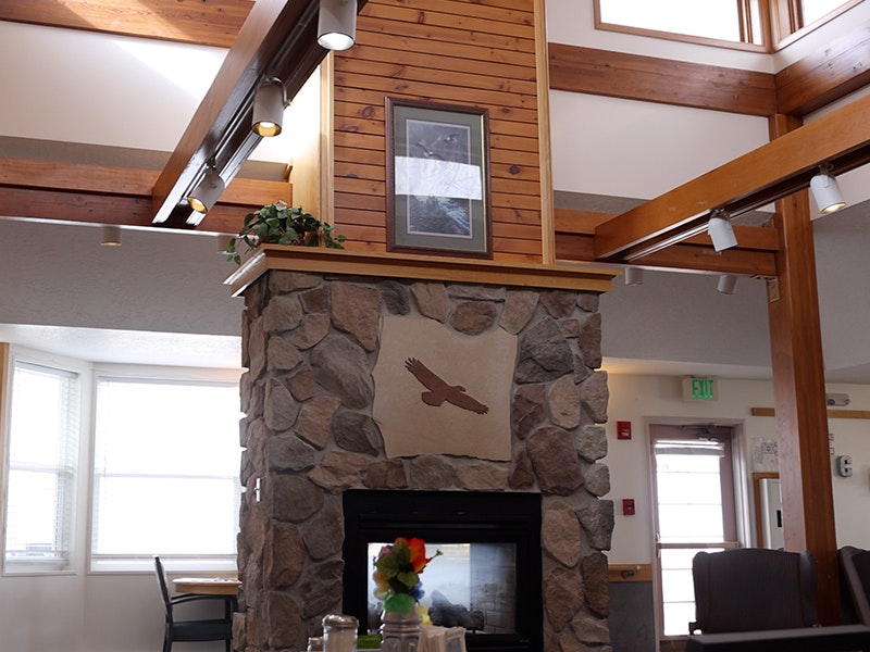May contain: indoors, interior design, architecture, building, furniture, living room, room, fireplace, wood, hardwood, hearth, floor, flooring, chair, and plant
