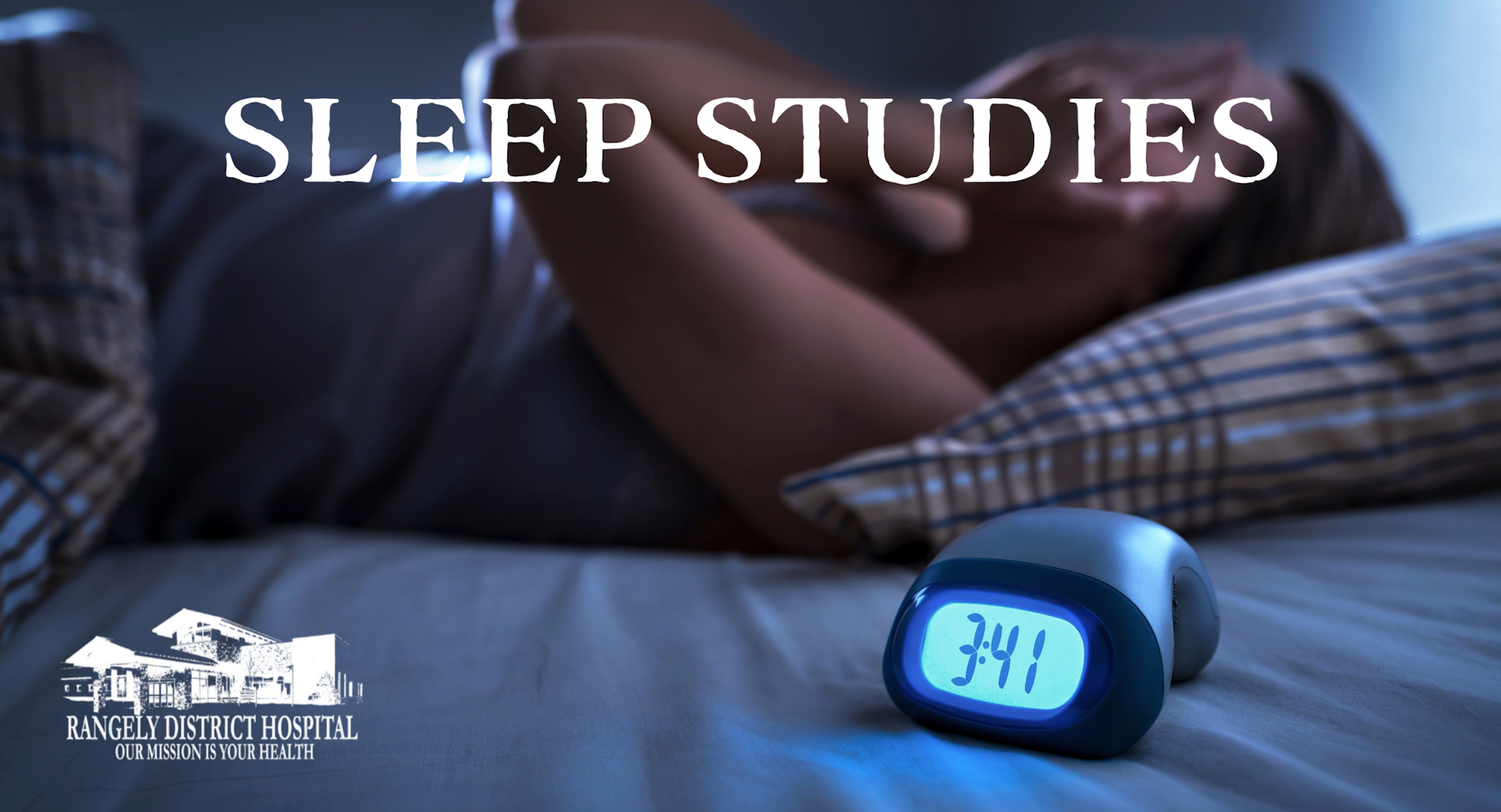 The image features a person in bed struggling with sleep, alongside a glowing alarm clock showing 3:41, and promotes sleep studies.