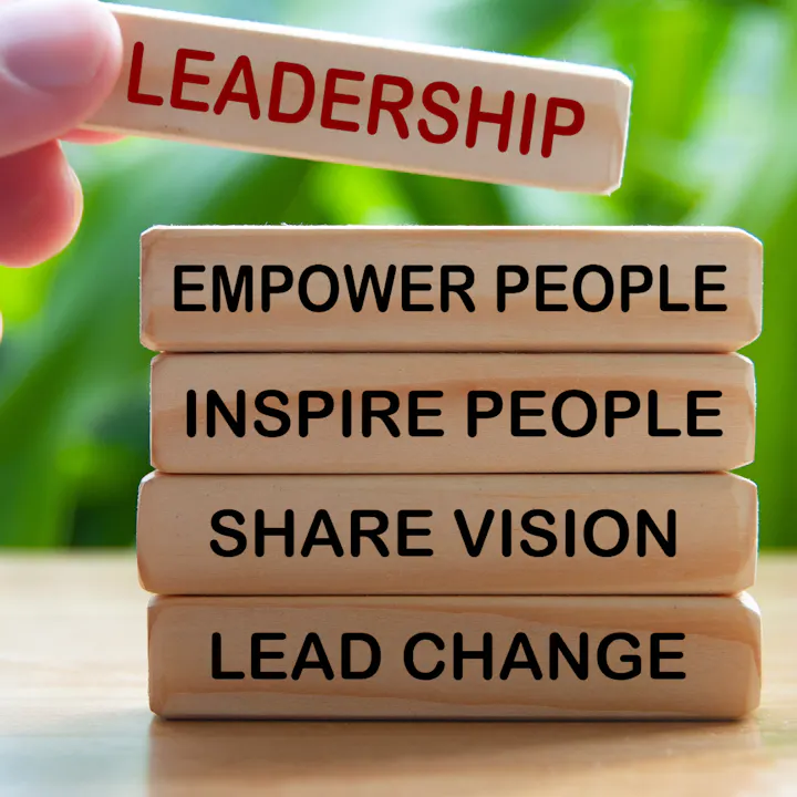 The image shows blocks labeled with key leadership principles: Empower People, Inspire People, Share Vision, and Lead Change.