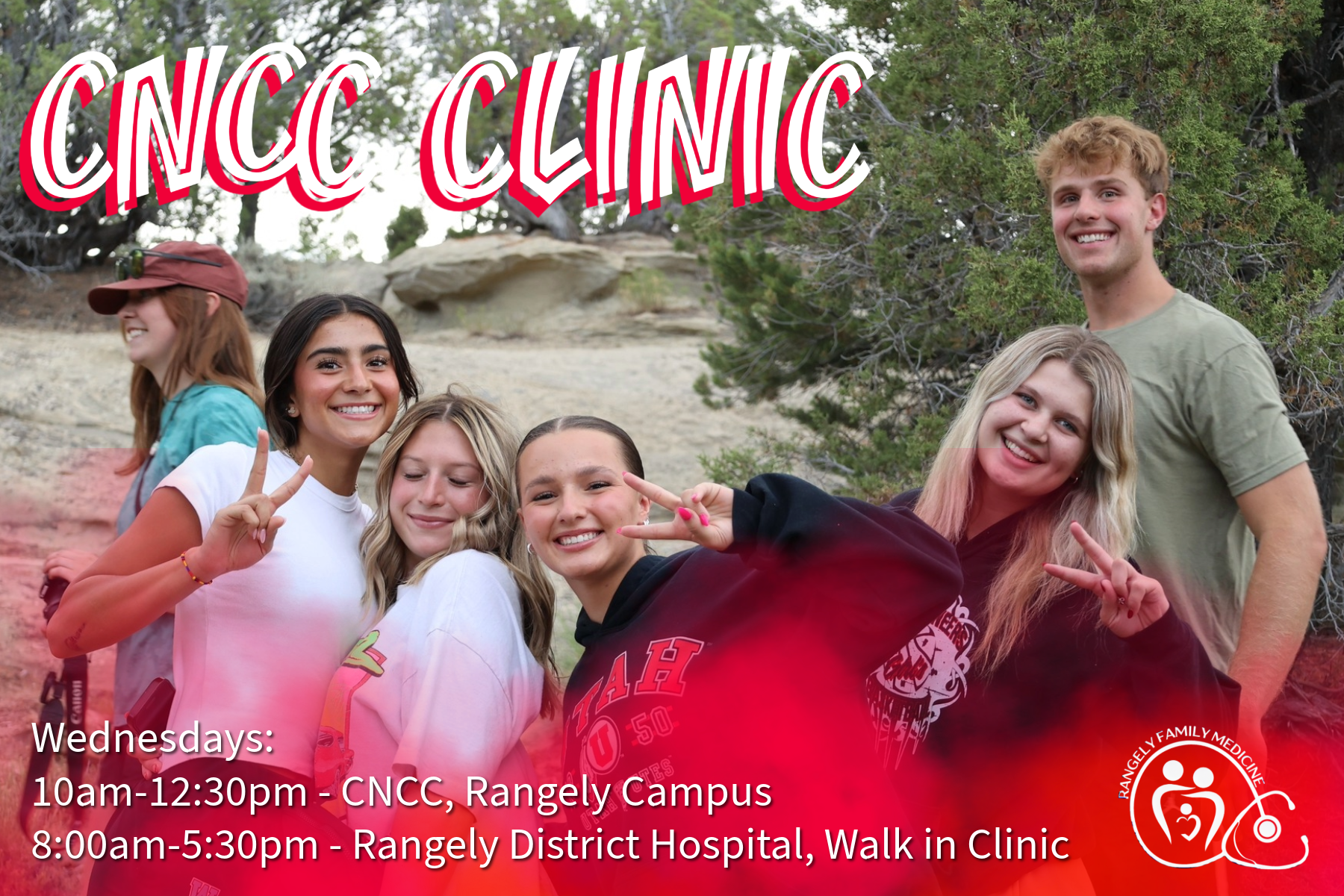 Group of smiling people outdoors, "CNCC Clinic" text, and clinic info: Wednesdays, 10am-12:30pm CNCC, 8am-5:30pm Rangely Hospital.