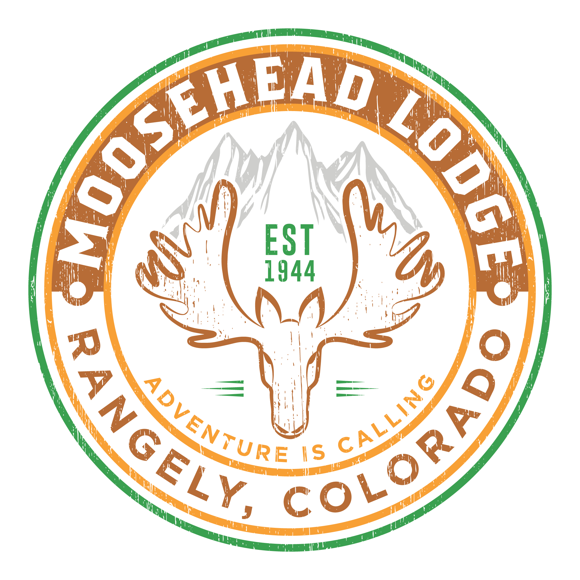 The image is a logo for Moosehead Lodge, established in 1944, located in Rangely, Colorado, featuring mountains and an elk.