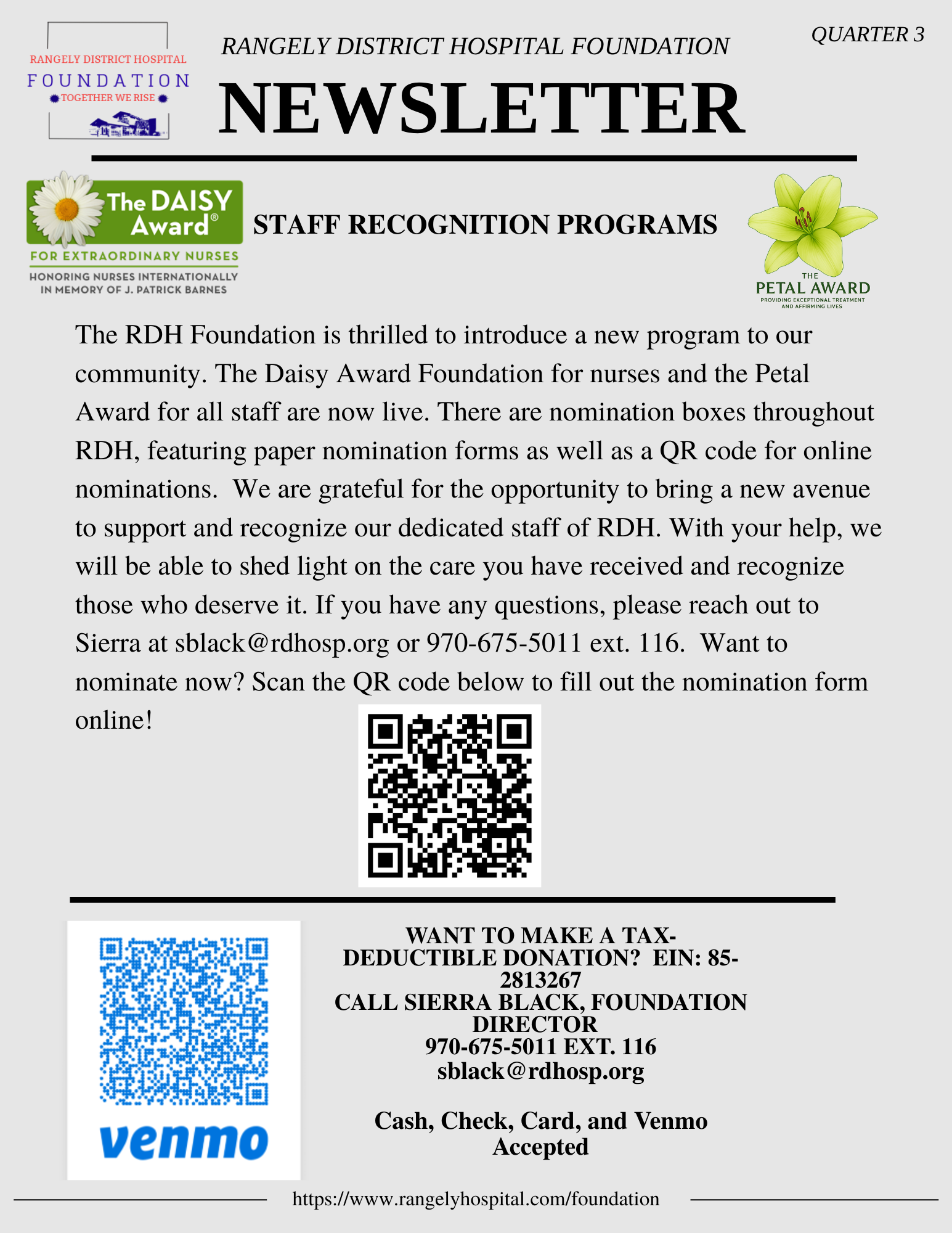 Newsletter on staff recognition, featuring DAISY and PETAL Awards at RDH. Includes contact info, donation details, and QR codes.