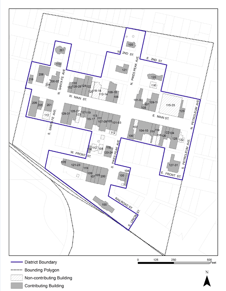 Black and white map with district boundaries, contributing and non-contributing buildings, and street names.