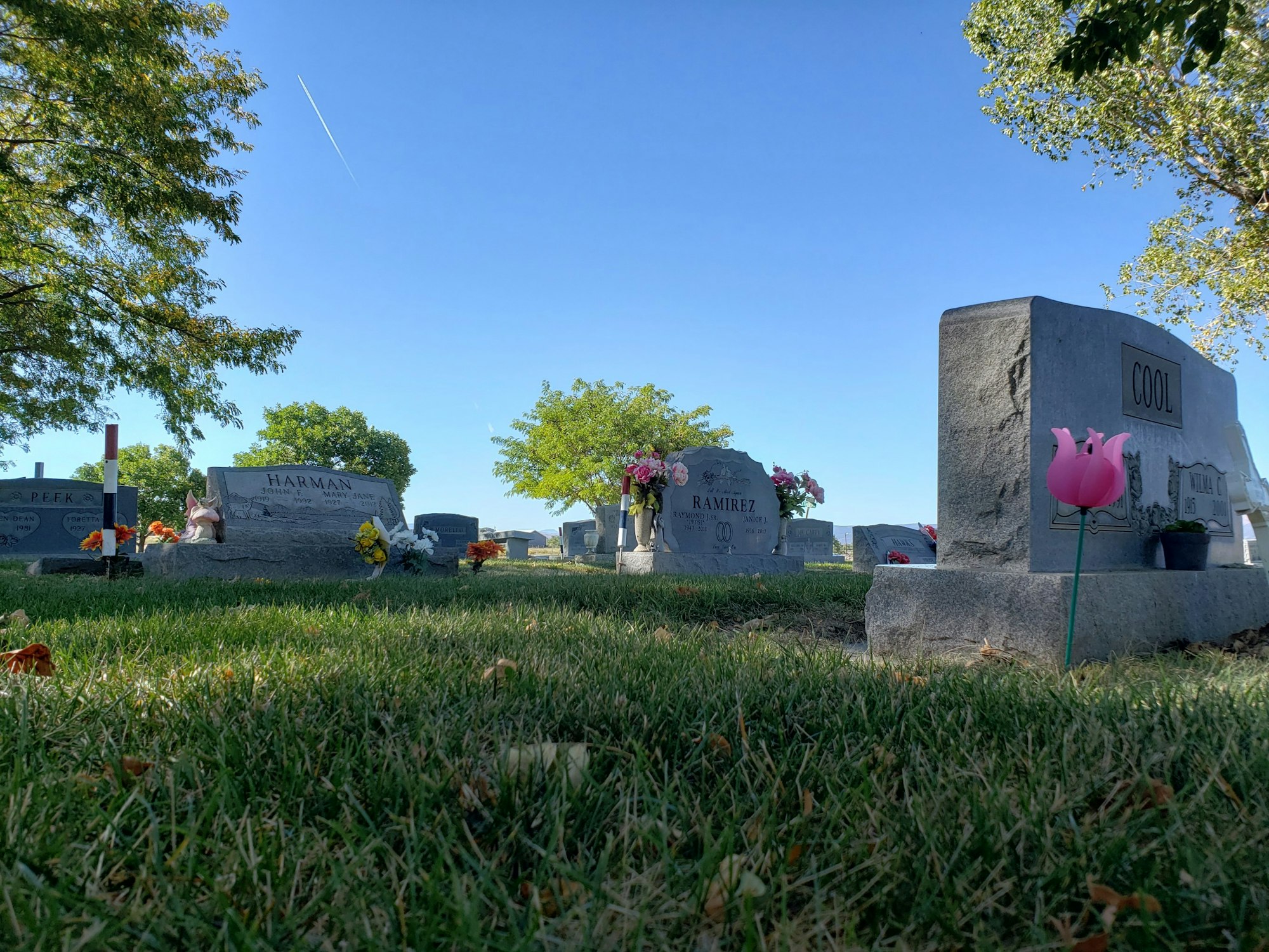 A peaceful cemetery with headstones, flowers, and a clear blue sky.