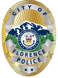 Badge of the Florence Police Department, Colorado, with mountain graphics.