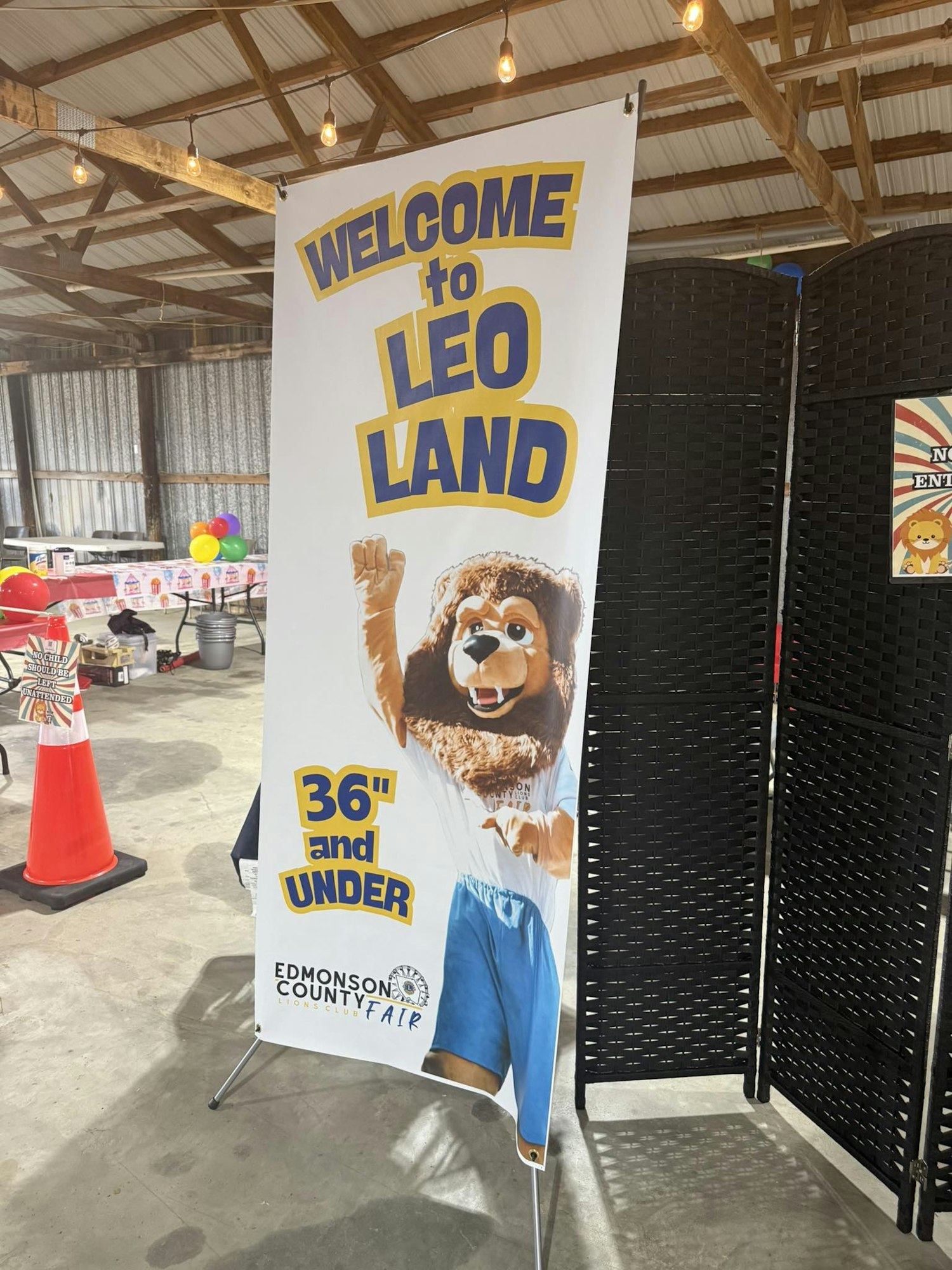 Banner for "Leo Land" at Edmonson County Fair, featuring a lion mascot and text "36" and under."