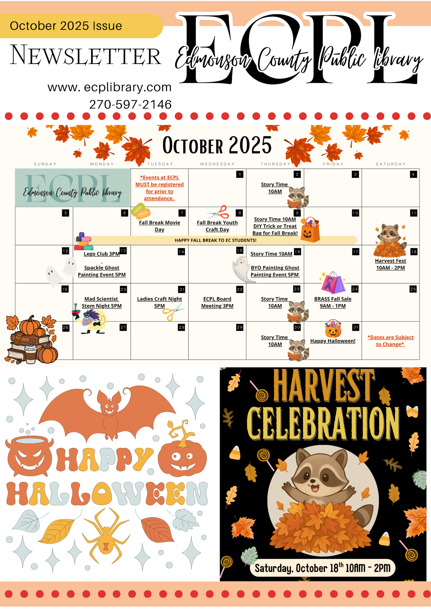 Edmonson County Public Library October 2025 events calendar, featuring Halloween and a Harvest Celebration.