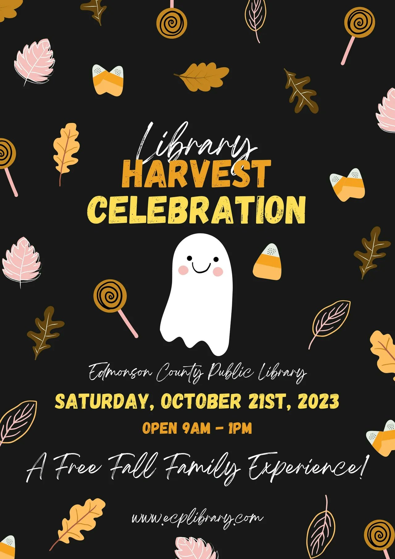 Library Harvest Celebration, October 21st, 2023, 9am-1pm. Edmonson County Public Library. Free fall family event.