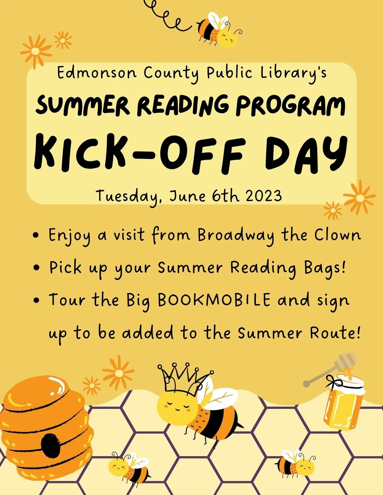 Summer Reading Program Kick-Off Day at Edmonson County Library on June 6th, 2023. Events include a clown visit, reading bags, and bookmobile.
