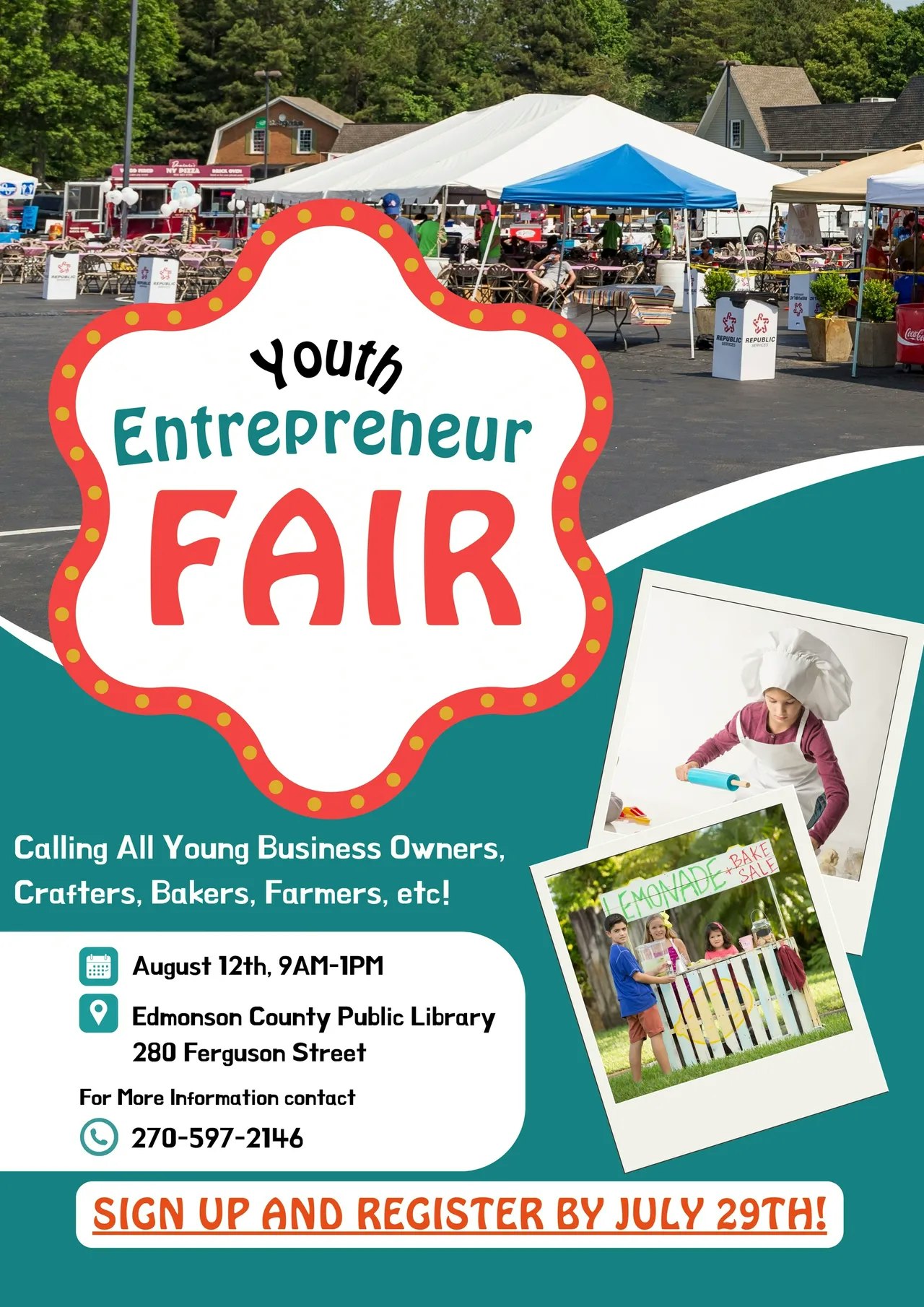 Youth Entrepreneur Fair at Edmonson County Library, August 12th, 9AM-1PM. Register by July 29th. Contact 270-597-2146 for info.