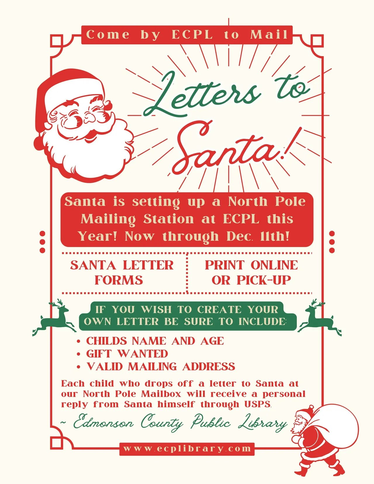 ECPL invites children to mail letters to Santa by Dec. 11th. Include child's name, age, gift, and address for a reply via USPS.