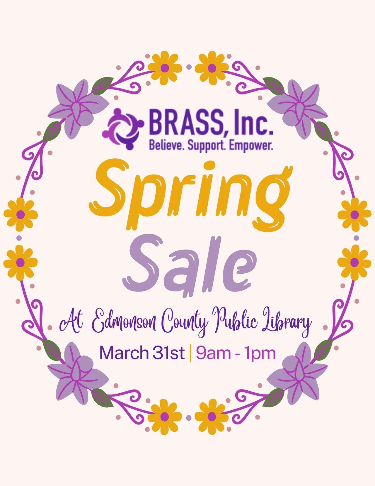 Spring Sale by BRASS, Inc. at Edmonson County Public Library, March 31st, 9am-1pm.