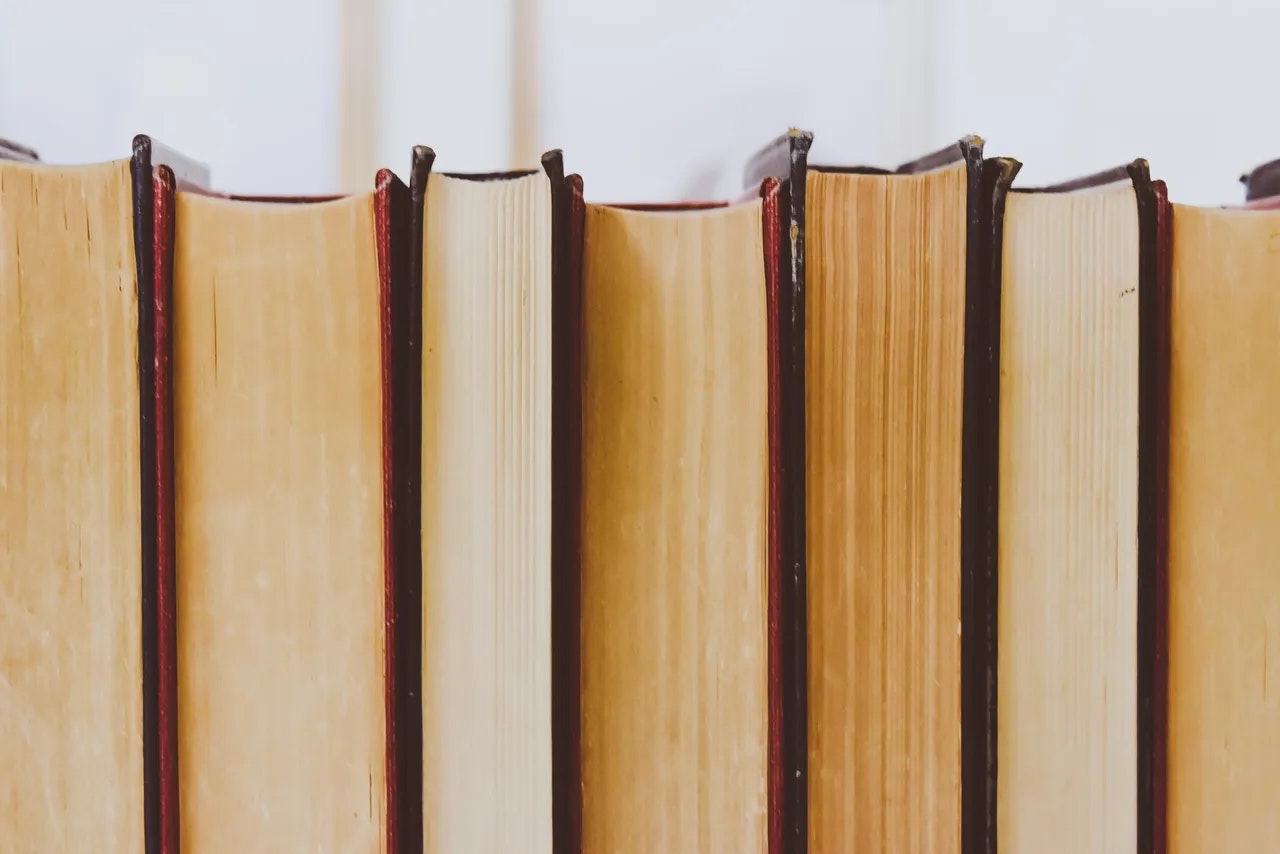 A row of standing books viewed from the top in close-up, emphasizing their spines and pages.