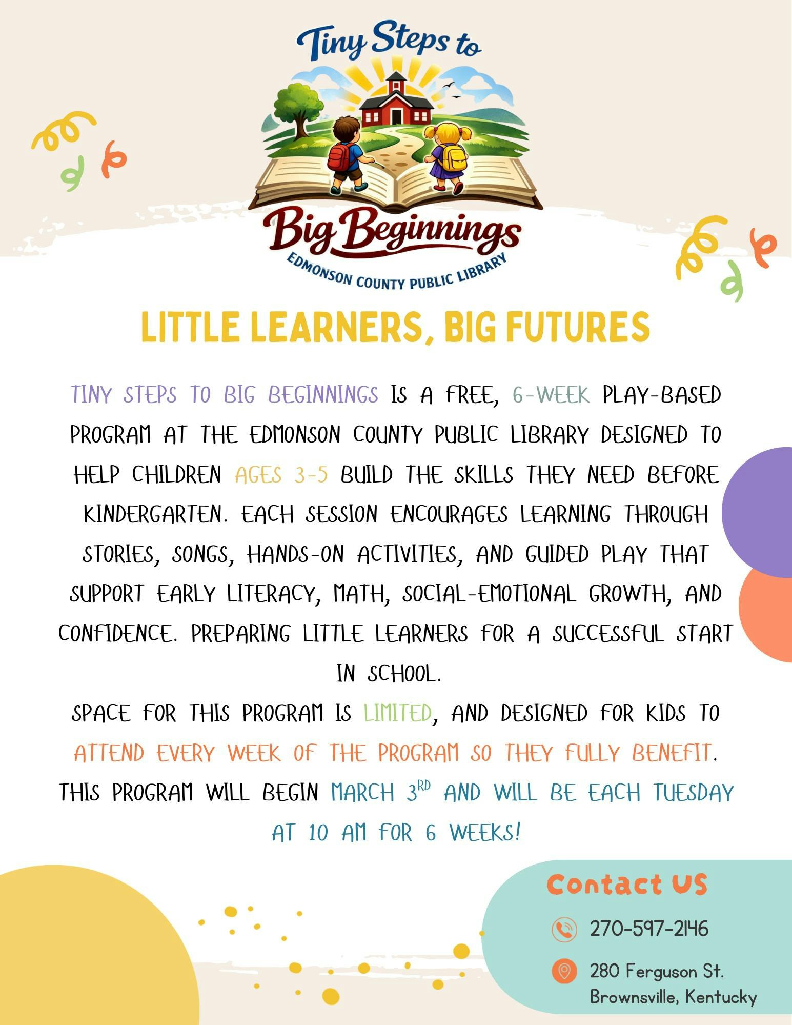 The image promotes a free, 6-week play-based program for kids ages 3-5 at Edmonson County Public Library, starting March 3rd.