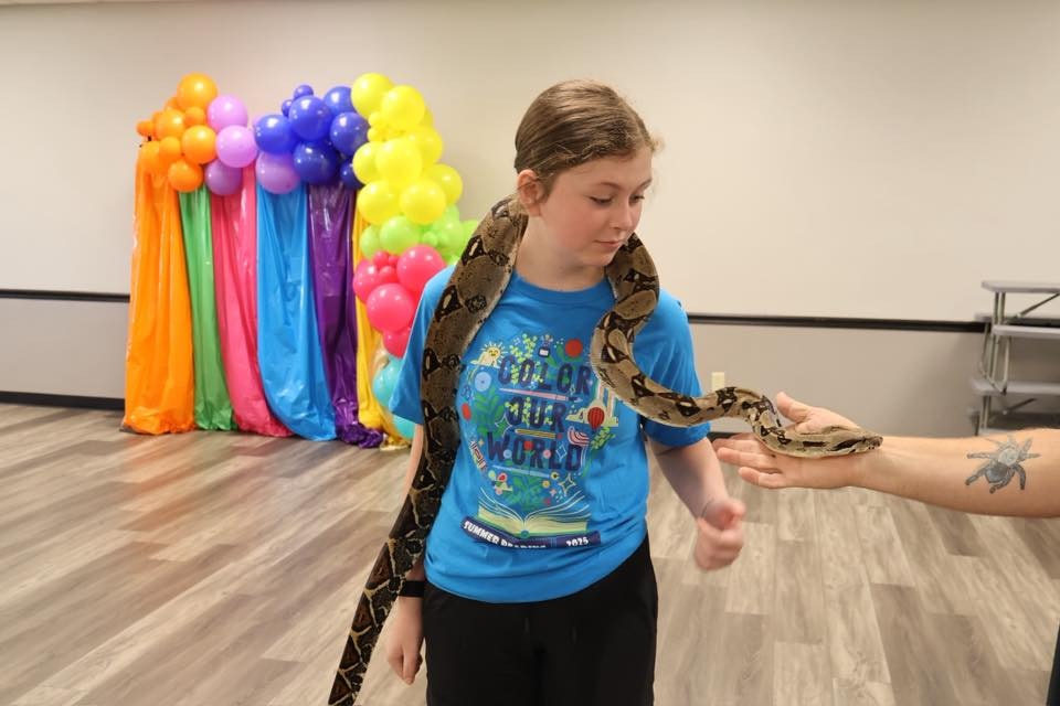 A person holds a snake draped over their shoulders with a colorful balloon backdrop.