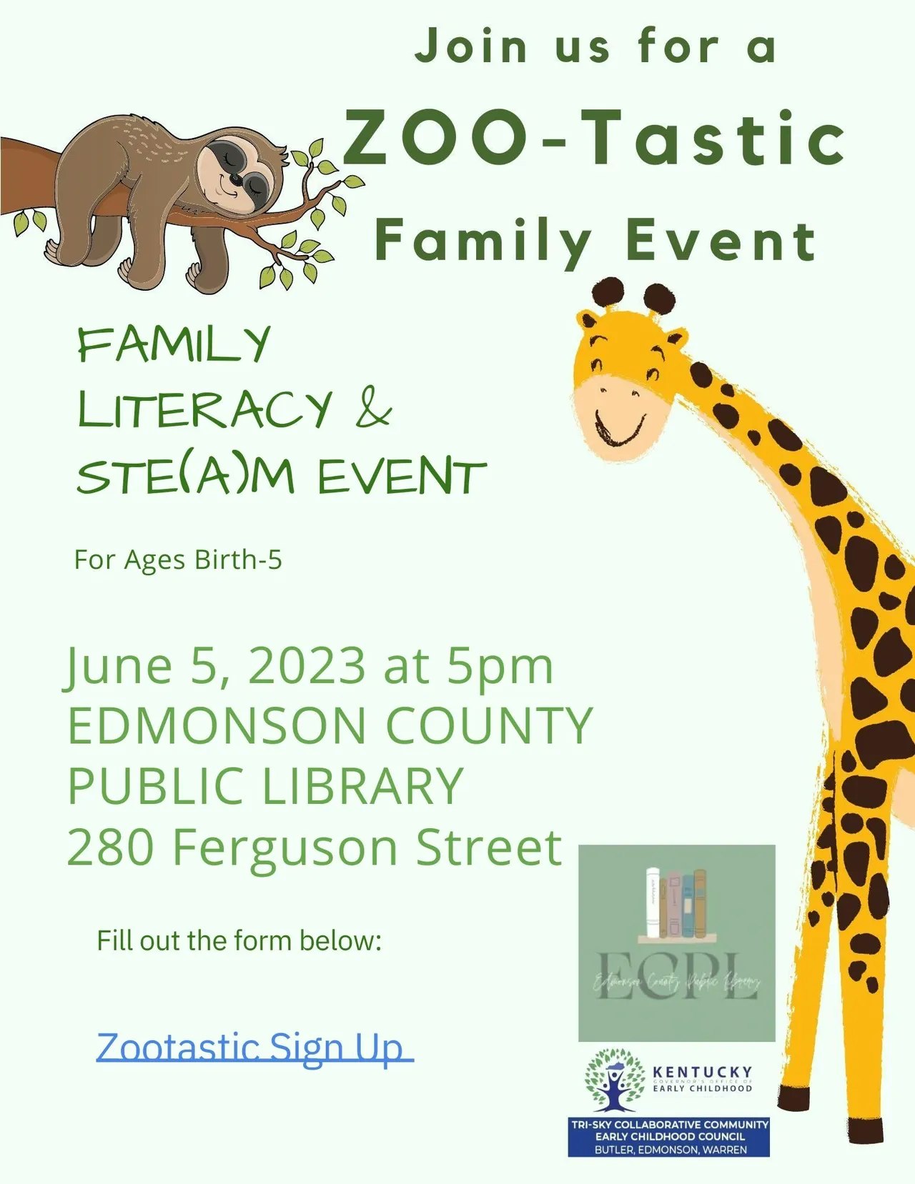 ZOO-Tastic Family Event: June 5, 2023, 5pm at Edmonson County Public Library. For ages Birth-5. Sign up link included.