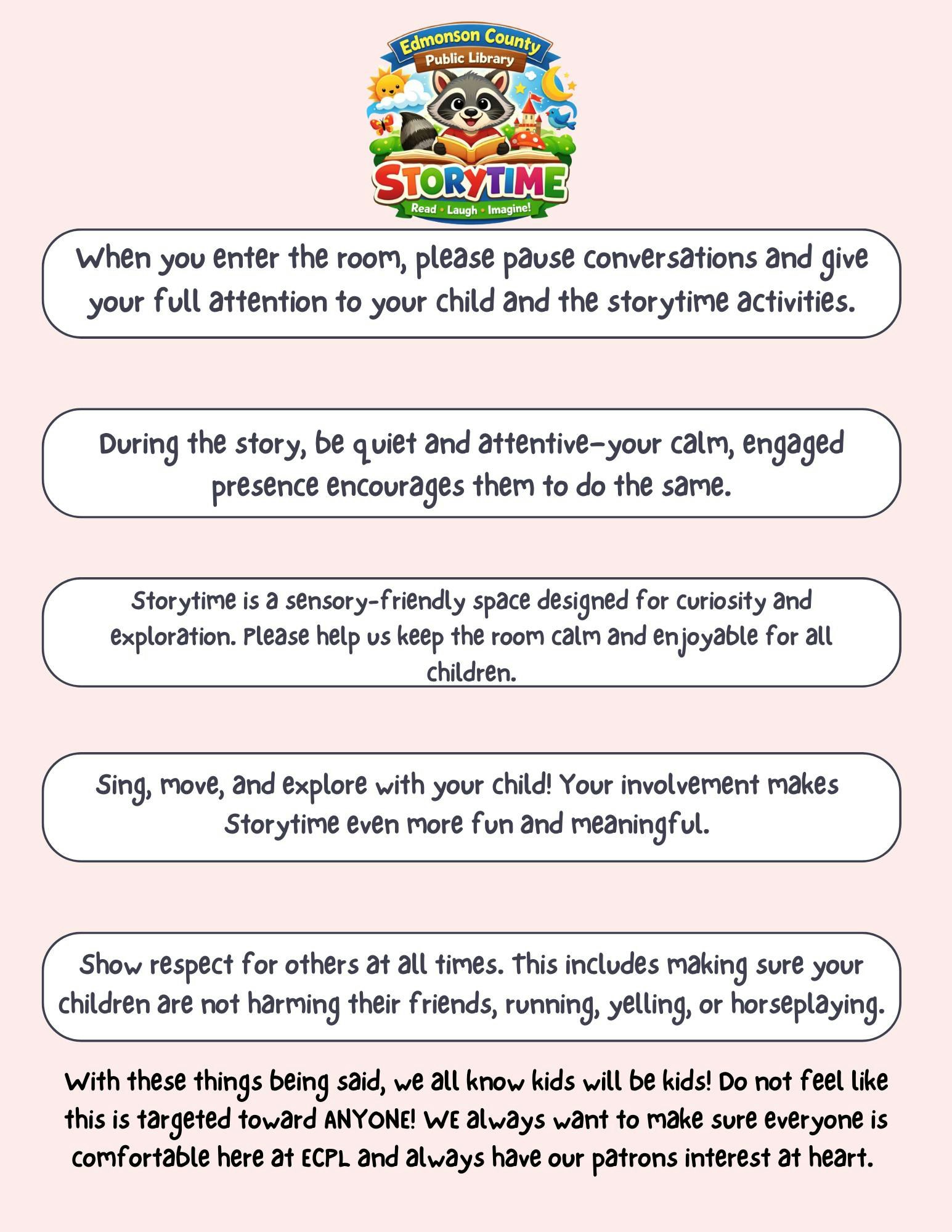 Guidelines for attending storytime at Edmonson County Public Library, encouraging calmness, attentiveness, and respectful behavior.