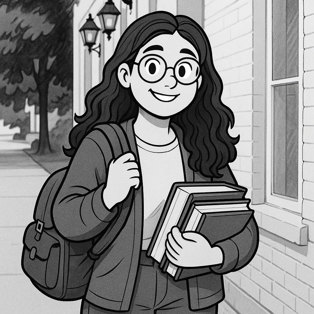 A cartoon character with glasses, long hair, and a backpack is smiling, holding books, standing by a brick building and trees.
