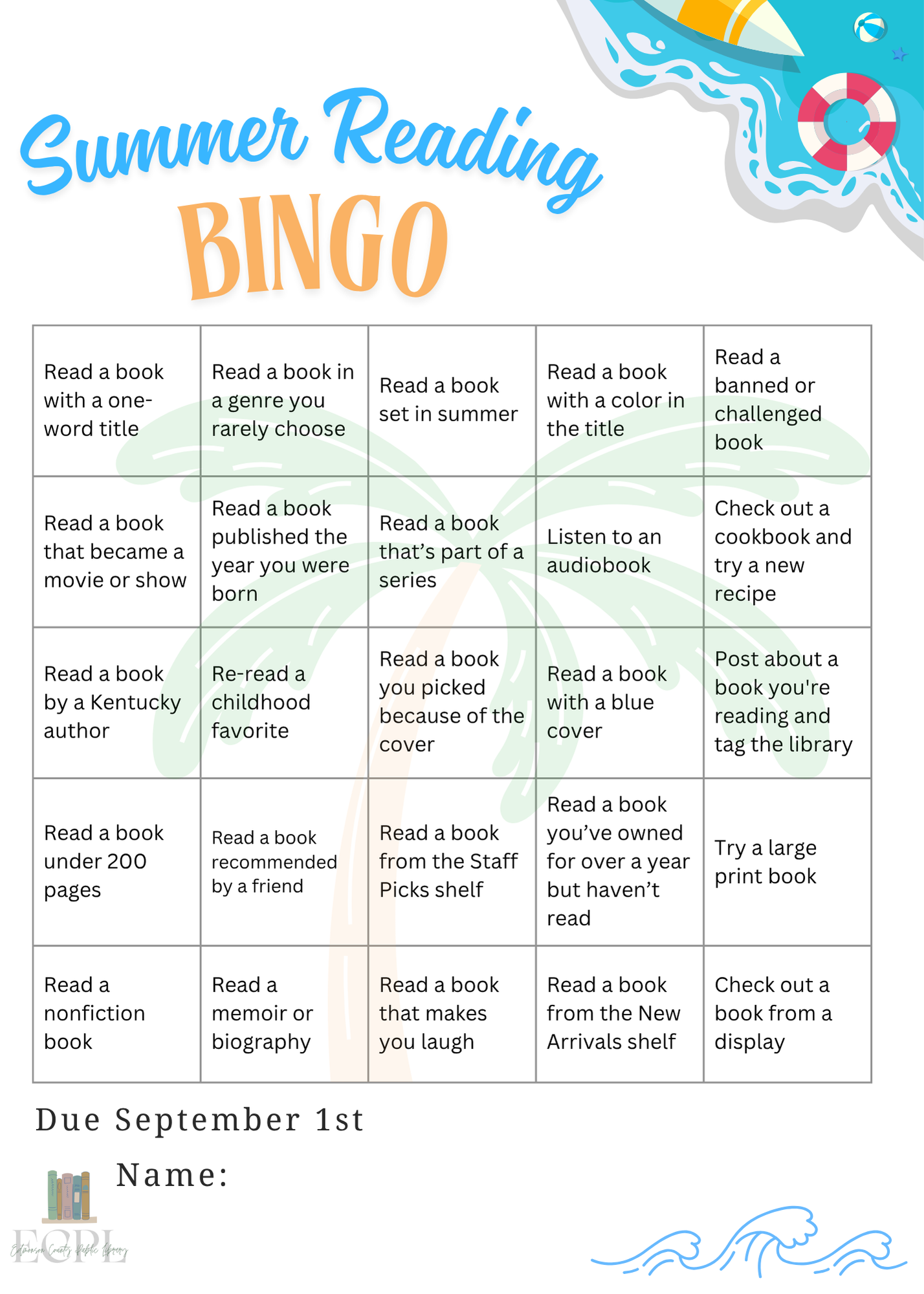 Summer Reading Bingo card with various book-related challenges to complete by September 1st.