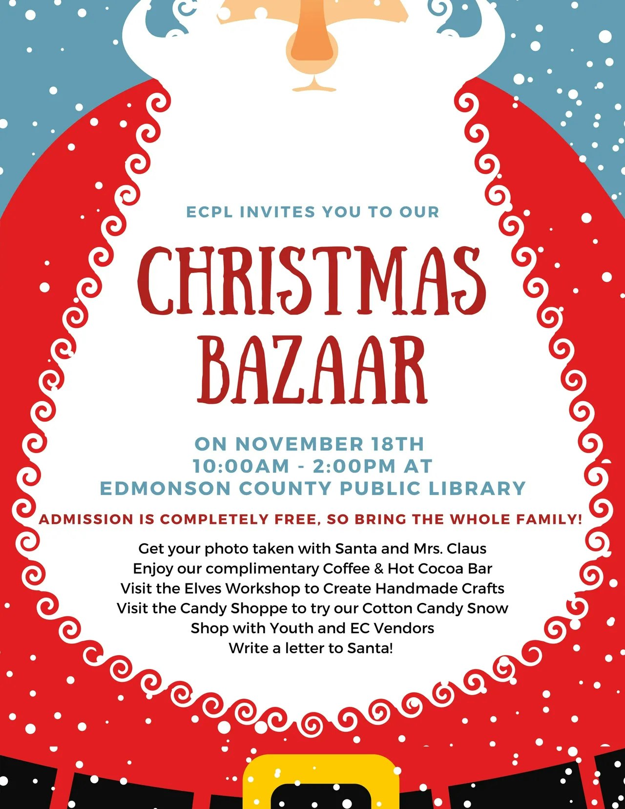 Christmas Bazaar at Edmonson County Public Library, Nov 18, 10AM-2PM. Free admission, photos with Santa, crafts, and more!