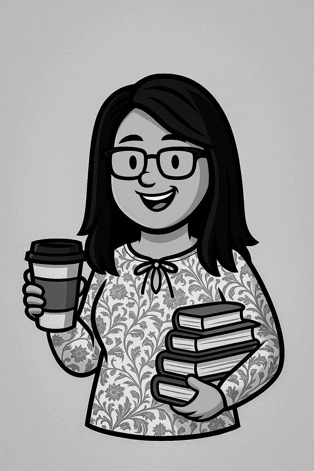 Cartoon character with glasses holding coffee and books, wearing a floral patterned shirt, smiling.